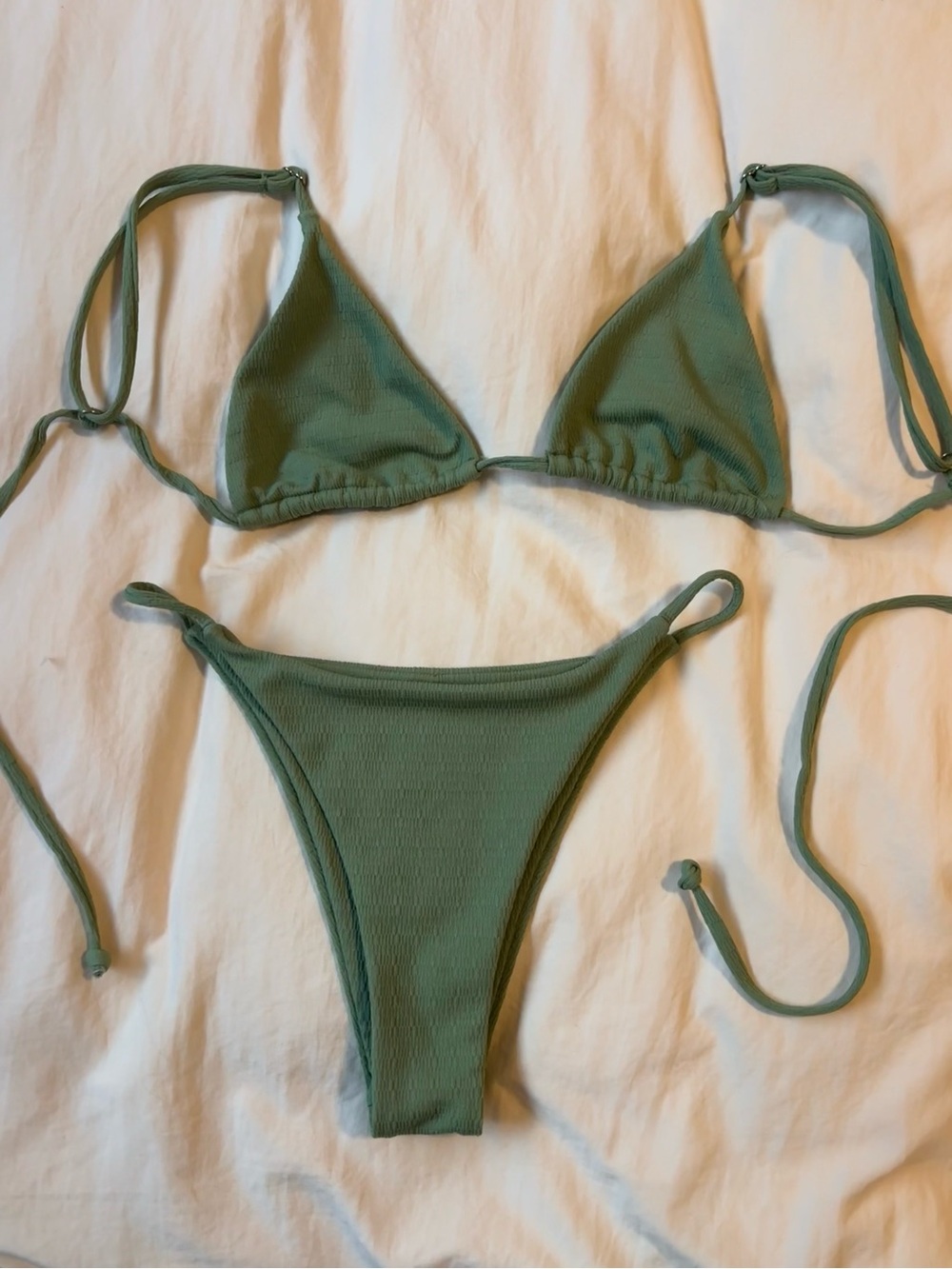 Zaful Olive Green Ribbed Tie Bikini Set